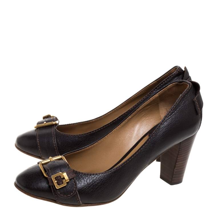 Pre Owned Chloe Brown Leather  Buckle Detail Round Toe Block Heel Pumps Size 39