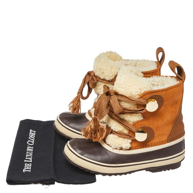 Pre Owned Chloe Beige/Brown Suede Leather And Shearling Lace Up Ankle Boots Size 37.5
