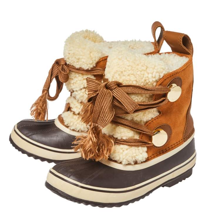 Pre Owned Chloe Beige/Brown Suede Leather And Shearling Lace Up Ankle Boots Size 37.5