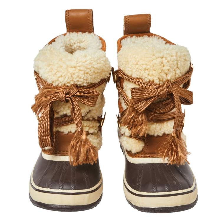 Pre Owned Chloe Beige/Brown Suede Leather And Shearling Lace Up Ankle Boots Size 37.5
