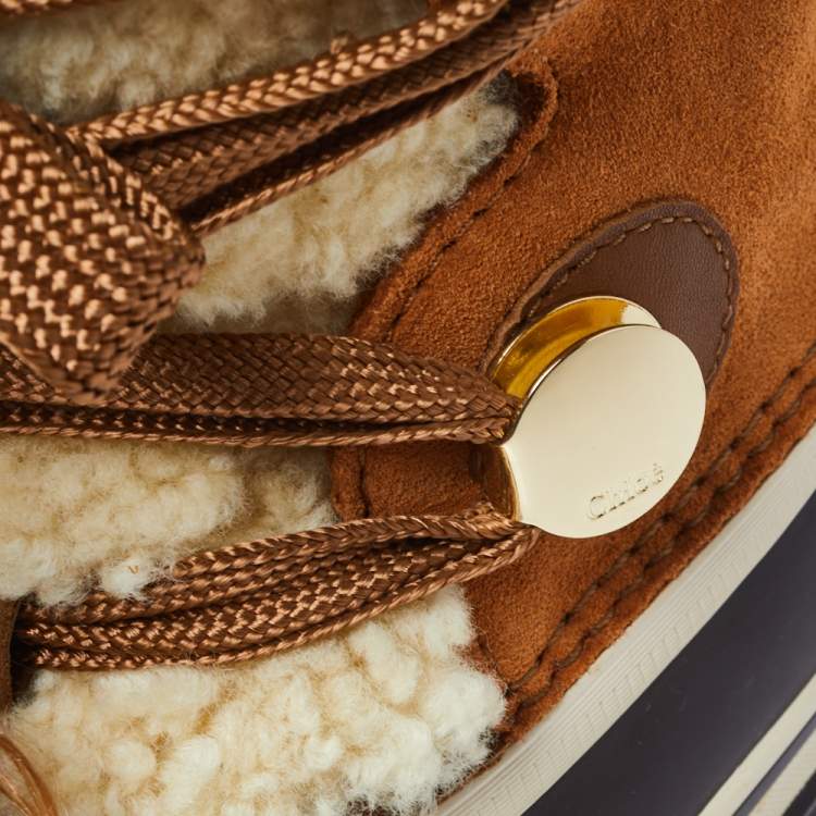 Pre Owned Chloe Beige/Brown Suede Leather And Shearling Lace Up Ankle Boots Size 37.5