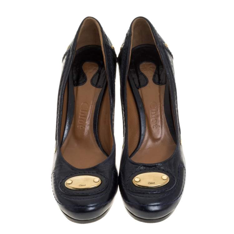 Pre Owned Chloe Blue Leather Block Heel Pumps Size 36