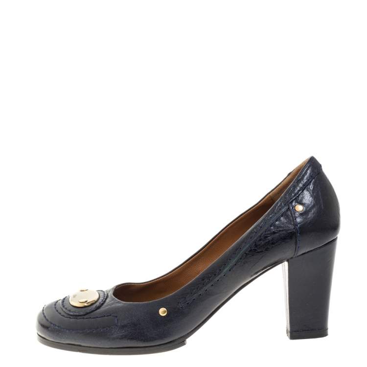 Pre Owned Chloe Blue Leather Block Heel Pumps Size 36