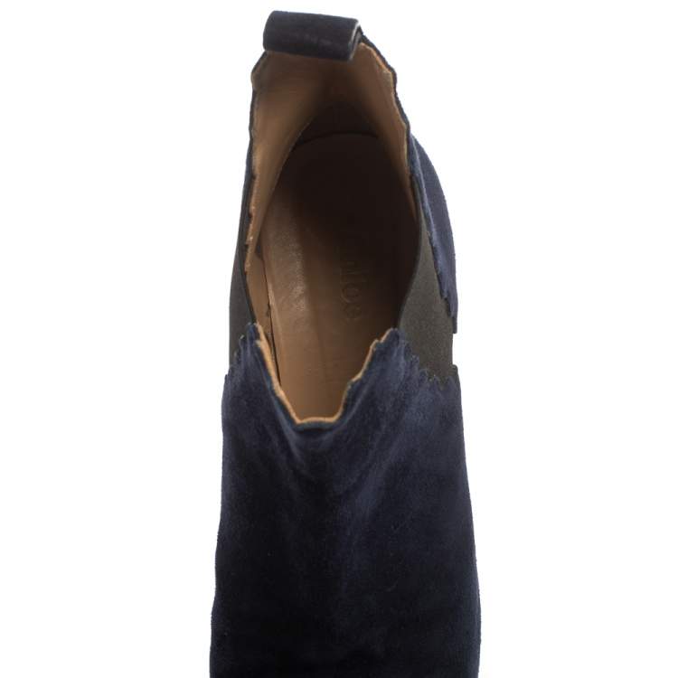Pre Owned Chloe Navy Blue Suede Lauren Block Heels Ankle Boots Size 38