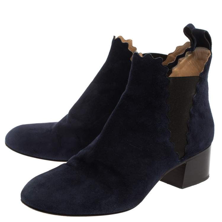 Pre Owned Chloe Navy Blue Suede Lauren Block Heels Ankle Boots Size 38
