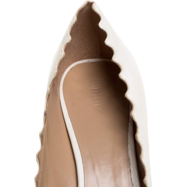 Pre Owned Chloe White Leather Lauren Scallop Trim Block Heel Pumps Size 37