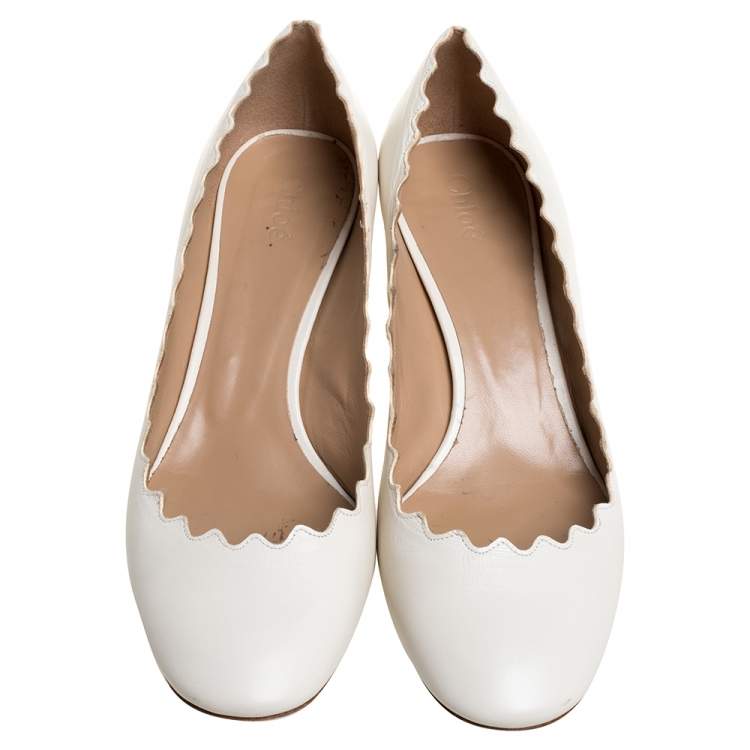 Pre Owned Chloe White Leather Lauren Scallop Trim Block Heel Pumps Size 37