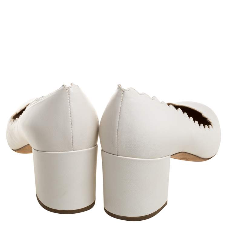 Pre Owned Chloe White Leather Lauren Scallop Trim Block Heel Pumps Size 37