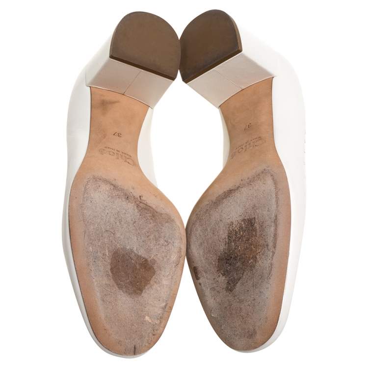 Pre Owned Chloe White Leather Lauren Scallop Trim Block Heel Pumps Size 37