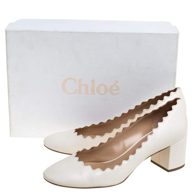 Pre Owned Chloe White Leather Lauren Scallop Trim Block Heel Pumps Size 37