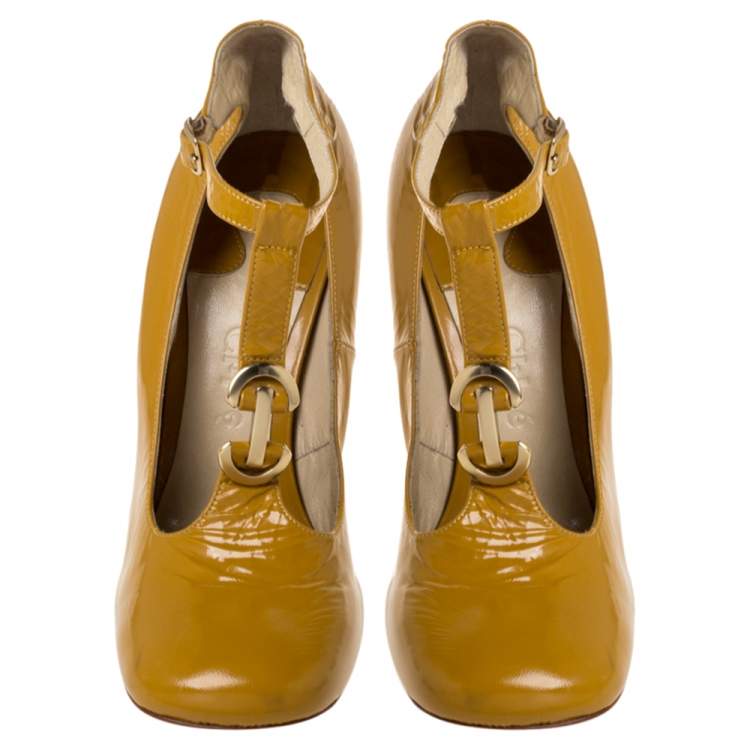 Pre Owned Chloe Yellow Leather T Strap Square Toe Pumps Size 37