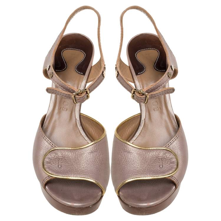 Pre Owned Chloe Metallic Peep Toe Ankle Strap Wooden Wedge Platform Sandals Size 37   