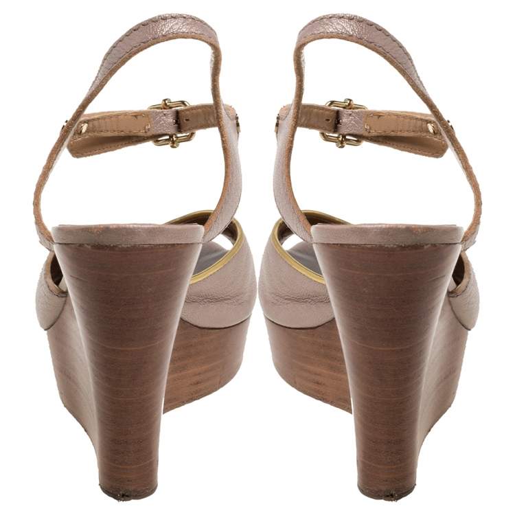 Pre Owned Chloe Metallic Peep Toe Ankle Strap Wooden Wedge Platform Sandals Size 37   