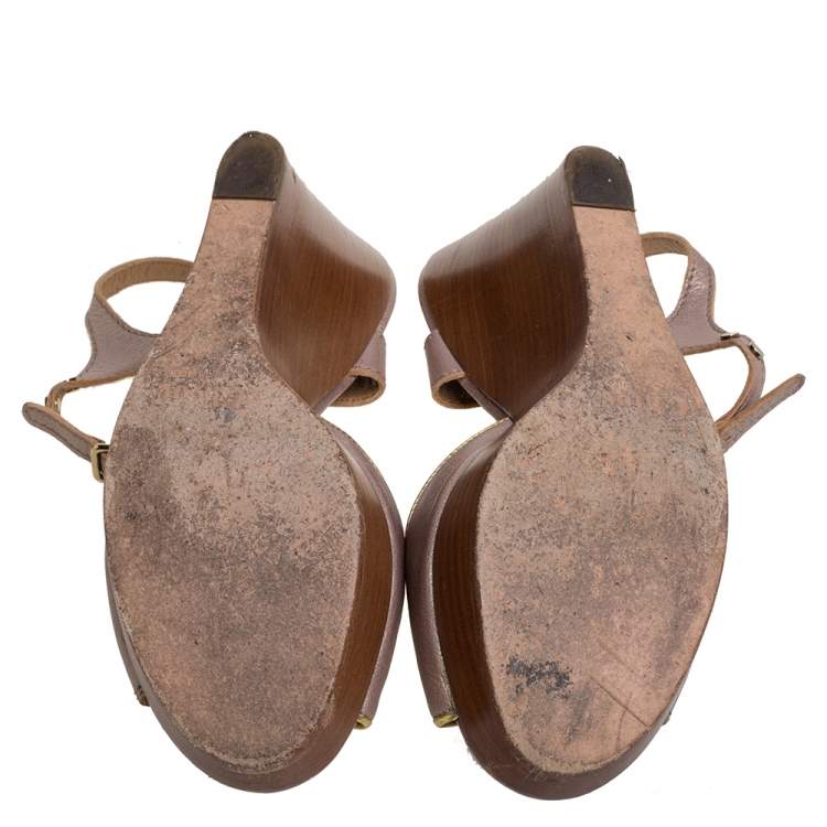 Pre Owned Chloe Metallic Peep Toe Ankle Strap Wooden Wedge Platform Sandals Size 37   