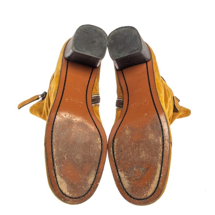 Pre Owned Chloe Butterscotch Yellow Suede Block Heel Ankle Boots Size 38.5  