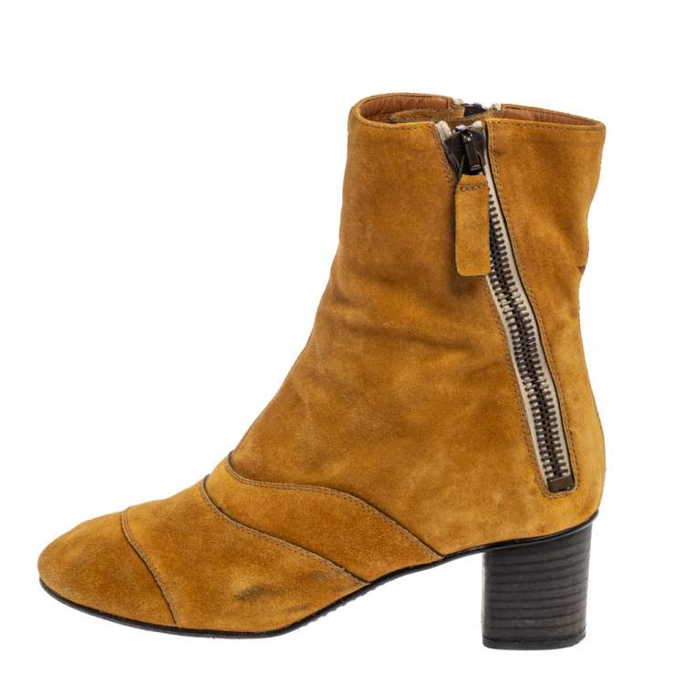 Pre Owned Chloe Butterscotch Yellow Suede Block Heel Ankle Boots Size 38.5  