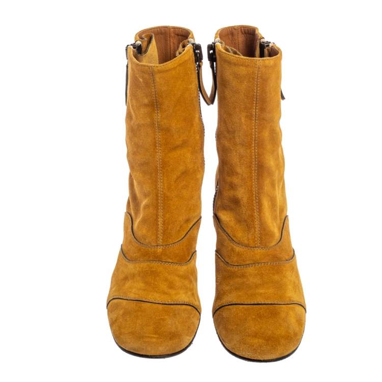 Pre Owned Chloe Butterscotch Yellow Suede Block Heel Ankle Boots Size 38.5  
