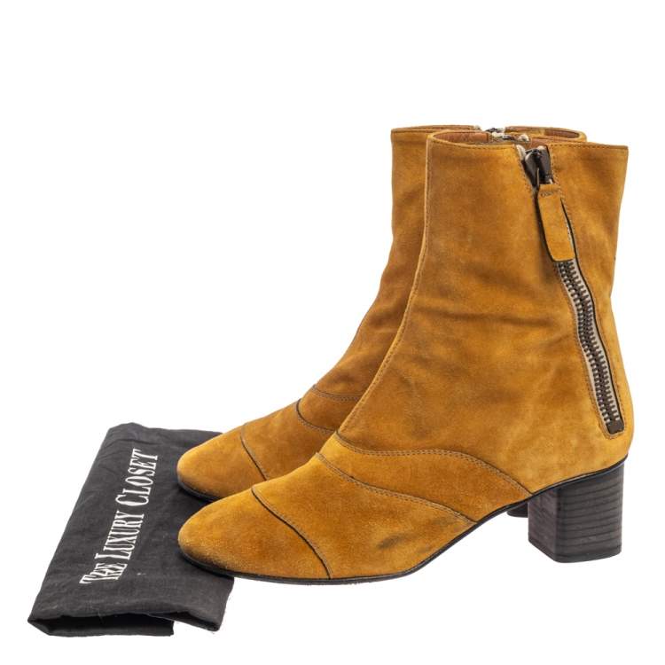 Pre Owned Chloe Butterscotch Yellow Suede Block Heel Ankle Boots Size 38.5  