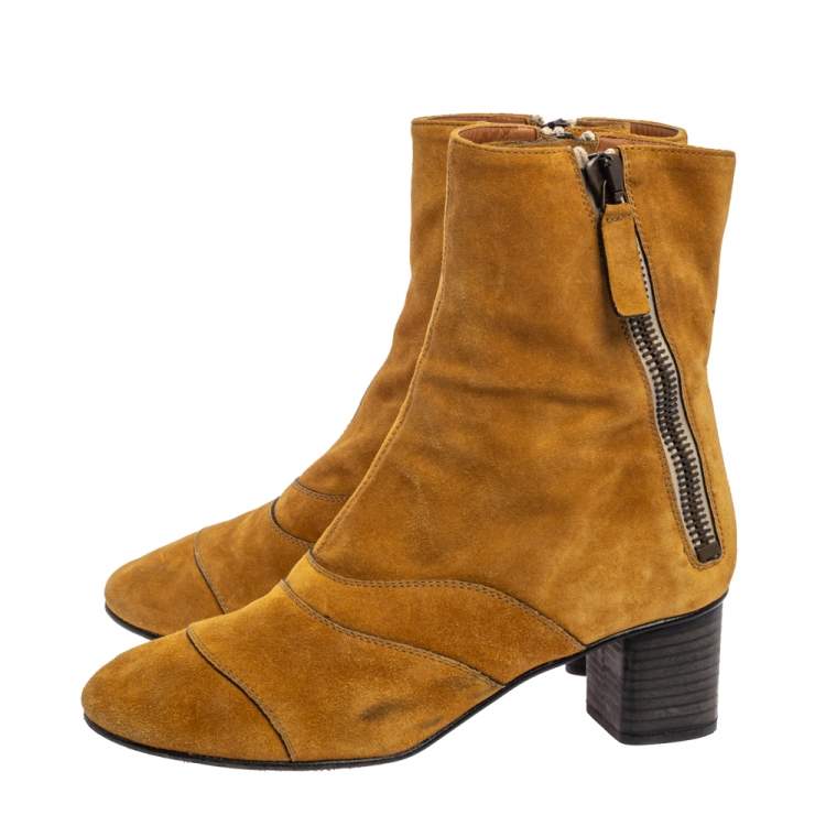 Pre Owned Chloe Butterscotch Yellow Suede Block Heel Ankle Boots Size 38.5  
