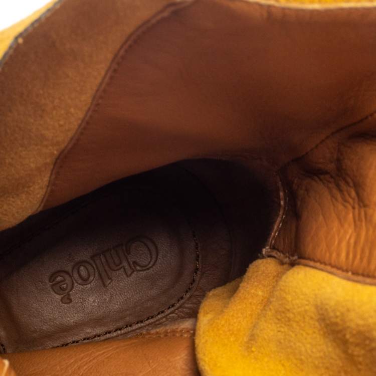 Pre Owned Chloe Butterscotch Yellow Suede Block Heel Ankle Boots Size 38.5  