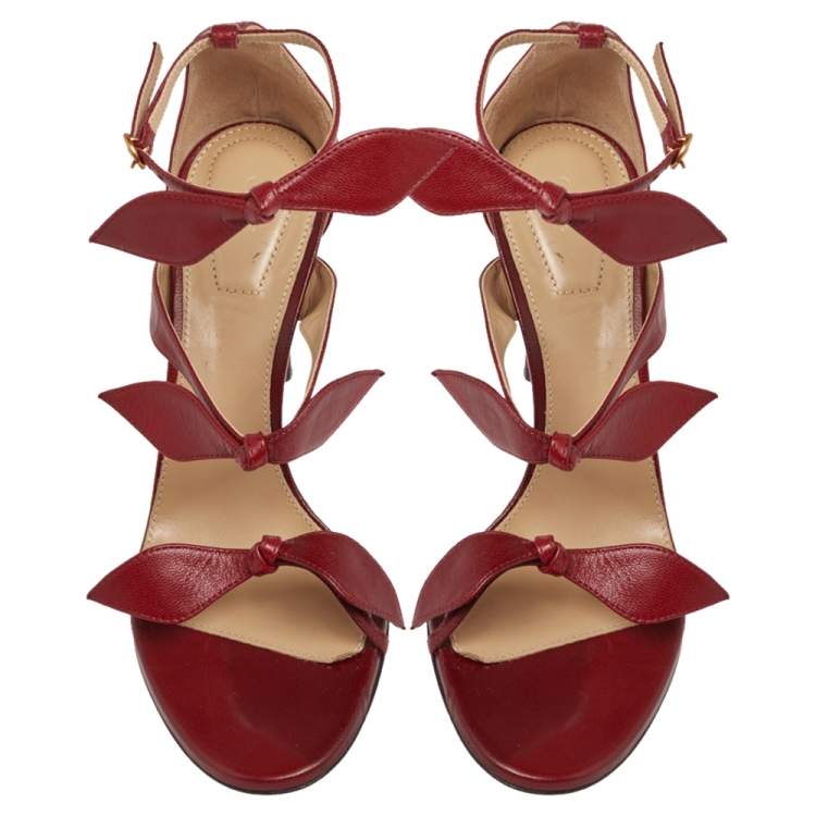 Pre Owned Chloe Burgundy Leather Bow Ankle Strap Sandals Size 36.5
