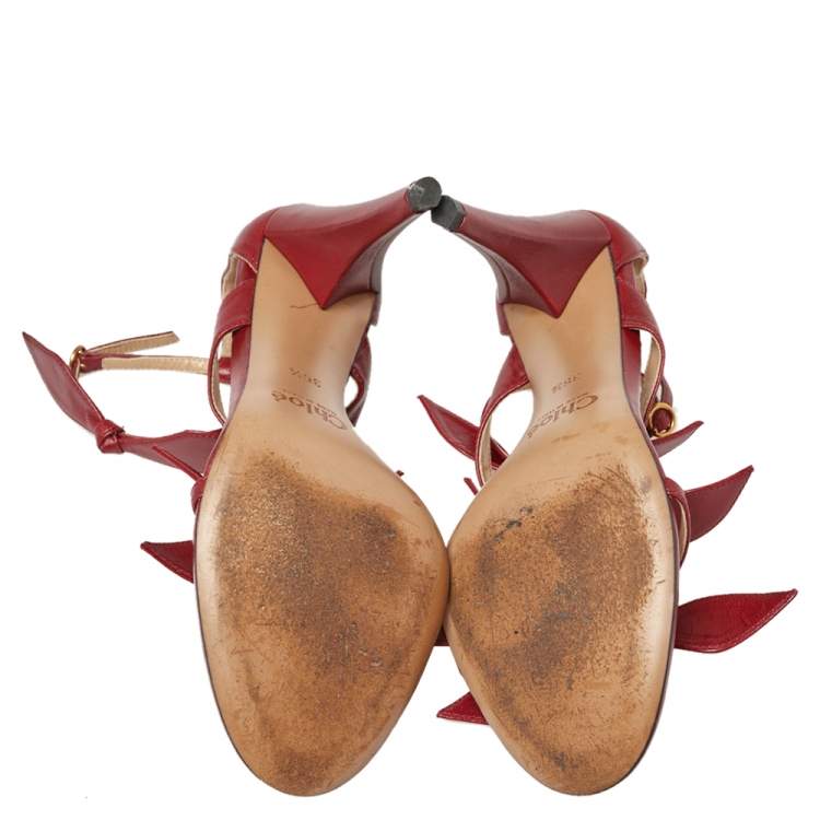 Pre Owned Chloe Burgundy Leather Bow Ankle Strap Sandals Size 36.5