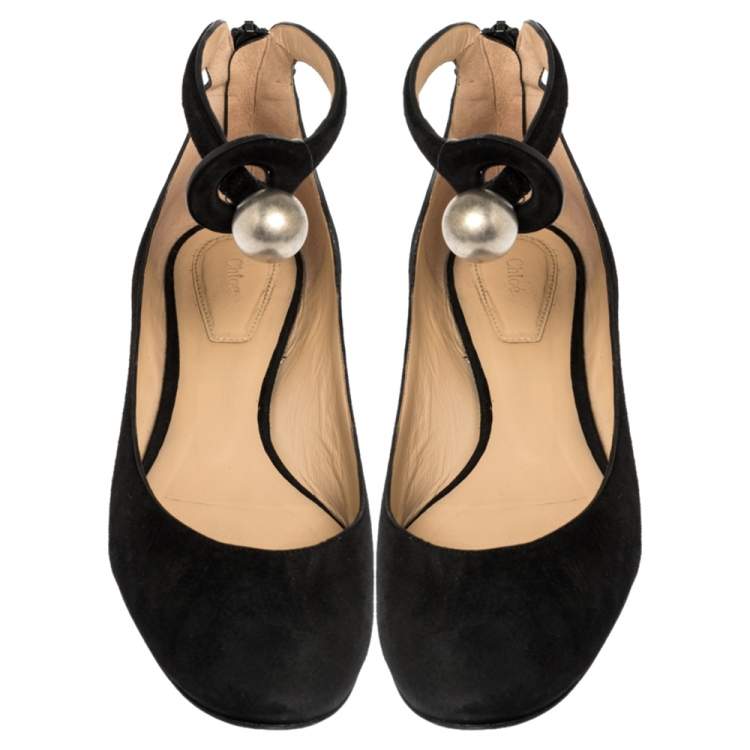 Pre Owned Chloe Black Suede Ankle Strap Ballet Flats Size 38.5