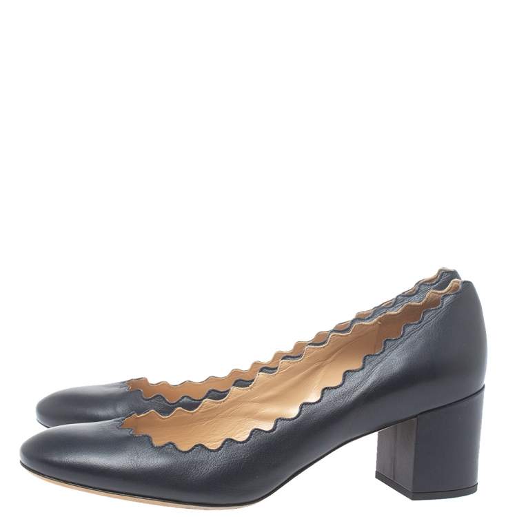 Pre Owned Chloe Navy Blue Leather Lauren Scalloped Pumps Size 39.5