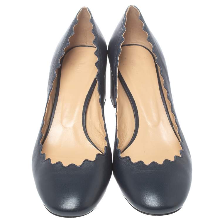 Pre Owned Chloe Navy Blue Leather Lauren Scalloped Pumps Size 39.5