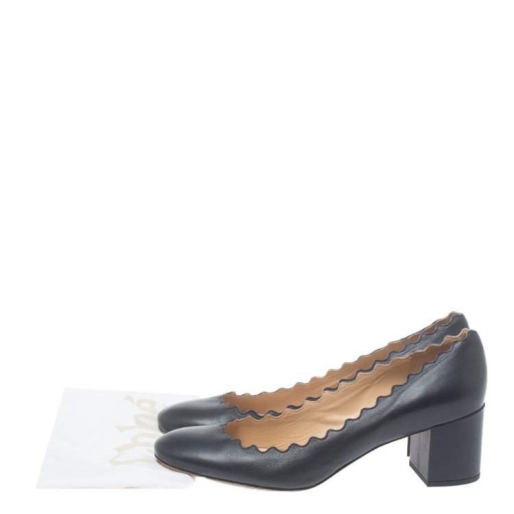 Pre Owned Chloe Navy Blue Leather Lauren Scalloped Pumps Size 39.5