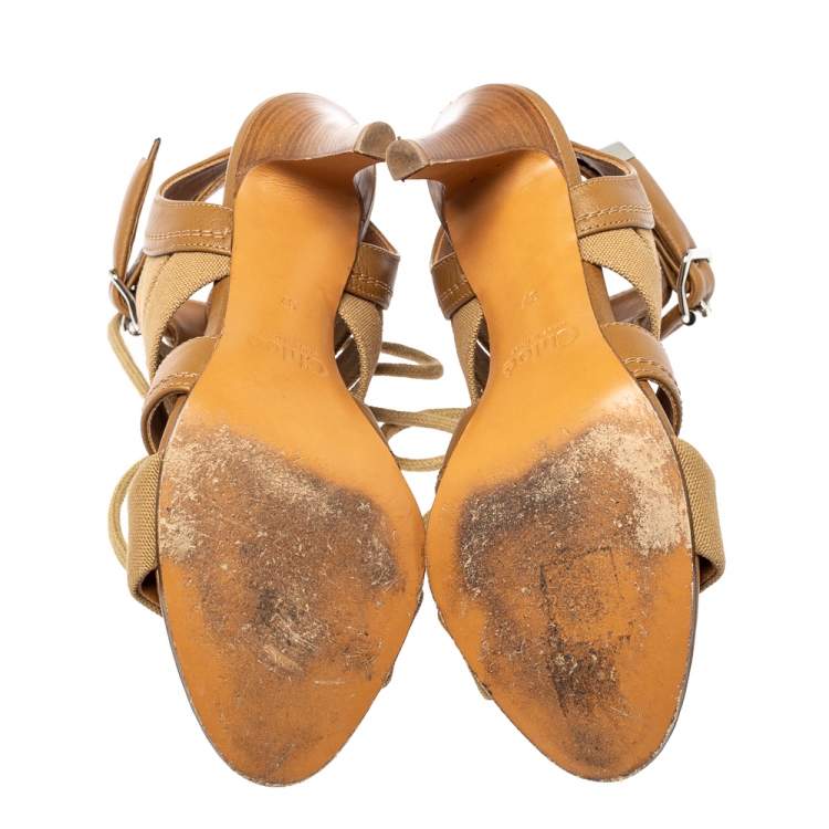مملوكة مسبقًا Chloe Brown Cutout Leather and Canvas Rylee Sandals Size 37