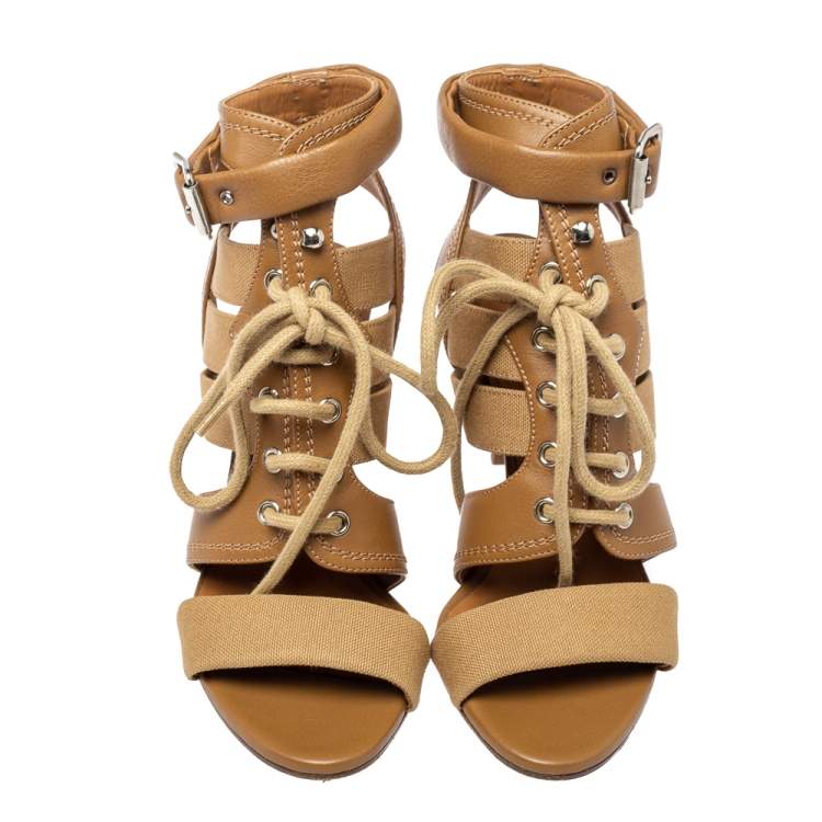 مملوكة مسبقًا Chloe Brown Cutout Leather and Canvas Rylee Sandals Size 37