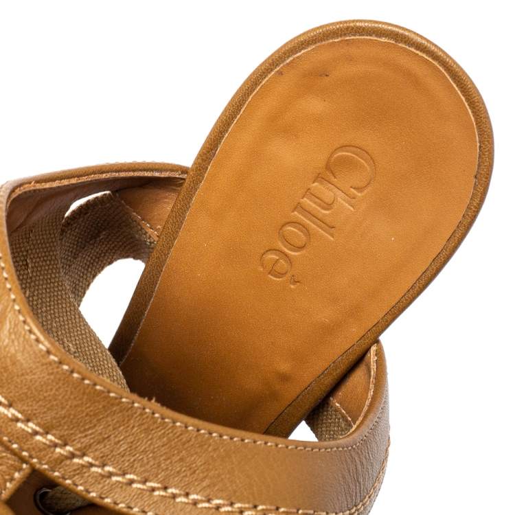 مملوكة مسبقًا Chloe Brown Cutout Leather and Canvas Rylee Sandals Size 37