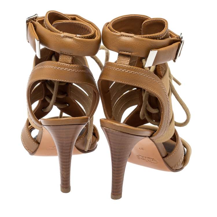 مملوكة مسبقًا Chloe Brown Cutout Leather and Canvas Rylee Sandals Size 37