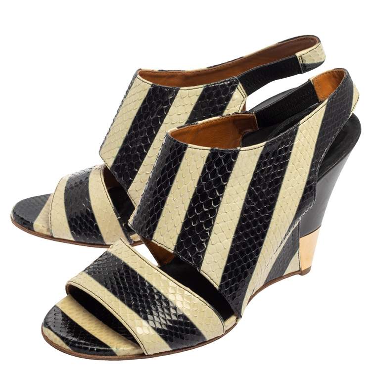 Pre Owned  Chloe Cream/Black Striped Python Ayers Wedge Slingback Sandals Size 39