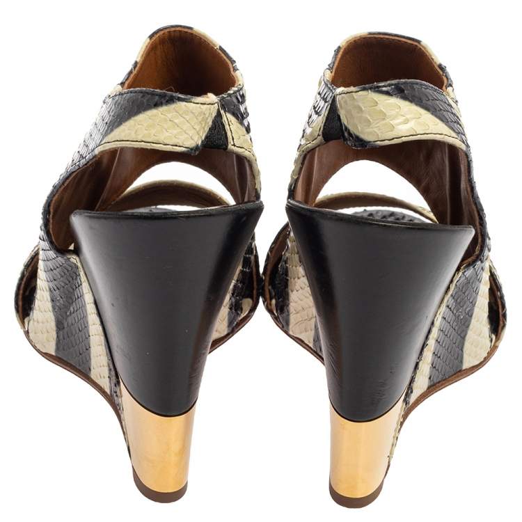 Pre Owned  Chloe Cream/Black Striped Python Ayers Wedge Slingback Sandals Size 39