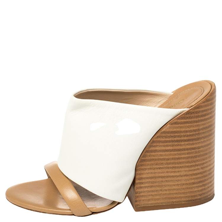 Pre Owned Chloe White Leather Double Strap Wedge Sandals Size 36