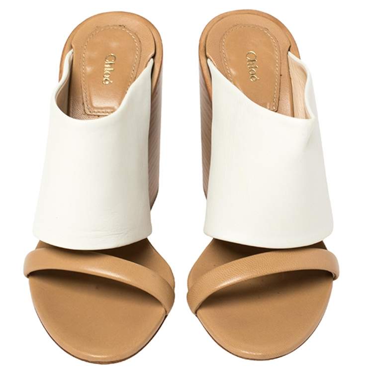 Pre Owned Chloe White Leather Double Strap Wedge Sandals Size 36