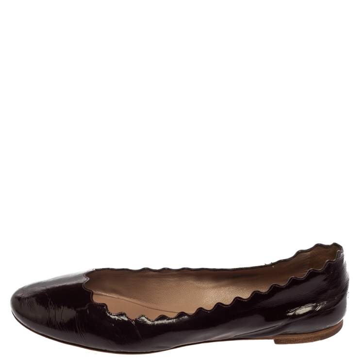 Pre Owned Chloé Brown Patent Leather Lauren Scalloped Ballerina Flats Size 37.5