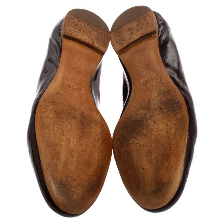Pre Owned Chloé Brown Patent Leather Lauren Scalloped Ballerina Flats Size 37.5