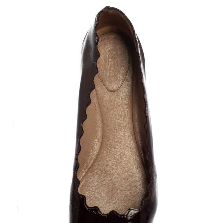 Pre Owned Chloé Brown Patent Leather Lauren Scalloped Ballerina Flats Size 37.5
