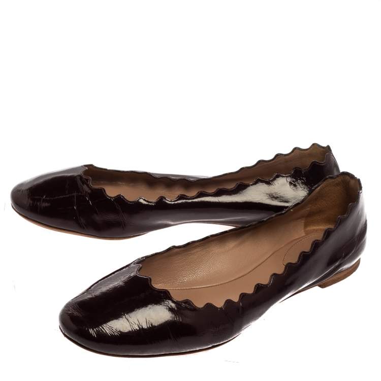 Pre Owned Chloé Brown Patent Leather Lauren Scalloped Ballerina Flats Size 37.5
