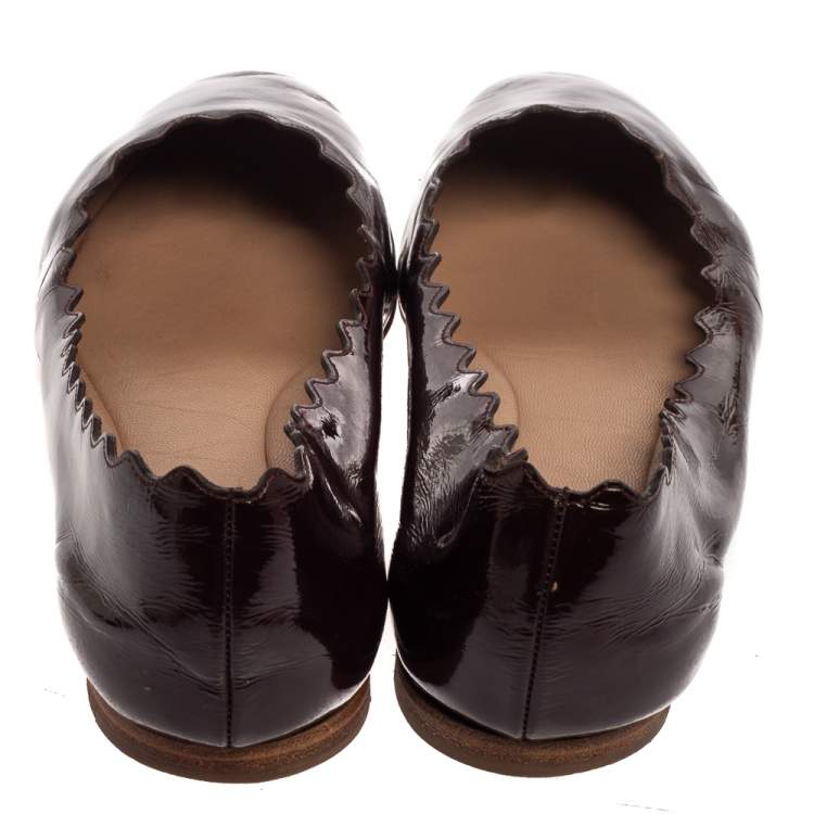 Pre Owned Chloé Brown Patent Leather Lauren Scalloped Ballerina Flats Size 37.5