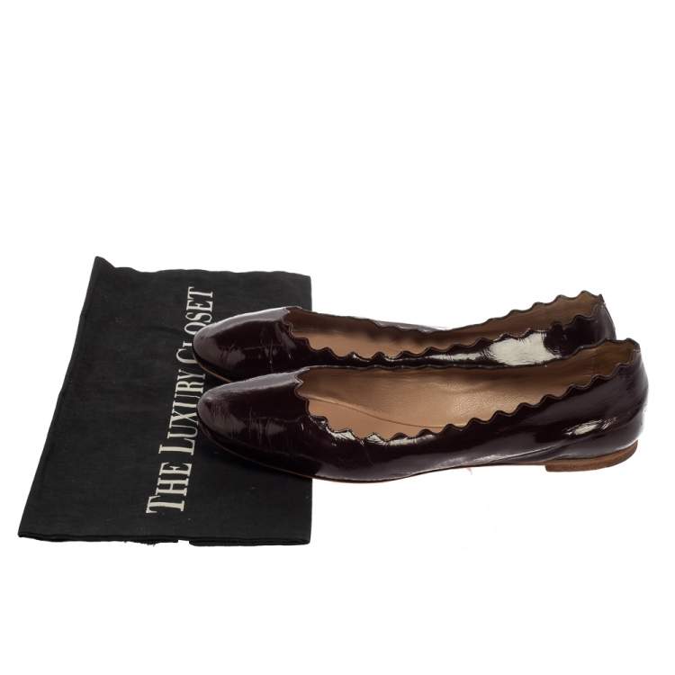 Pre Owned Chloé Brown Patent Leather Lauren Scalloped Ballerina Flats Size 37.5