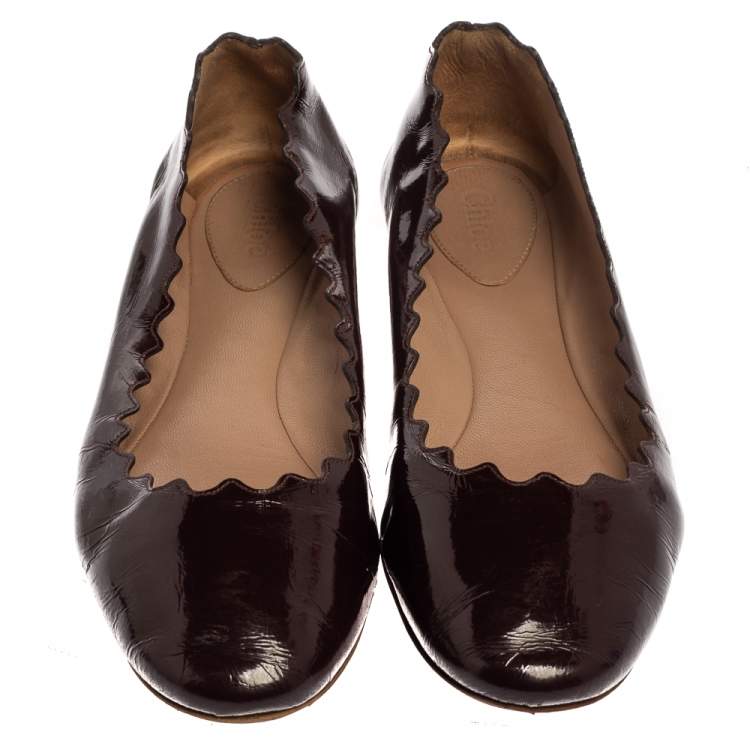 Pre Owned Chloé Brown Patent Leather Lauren Scalloped Ballerina Flats Size 37.5