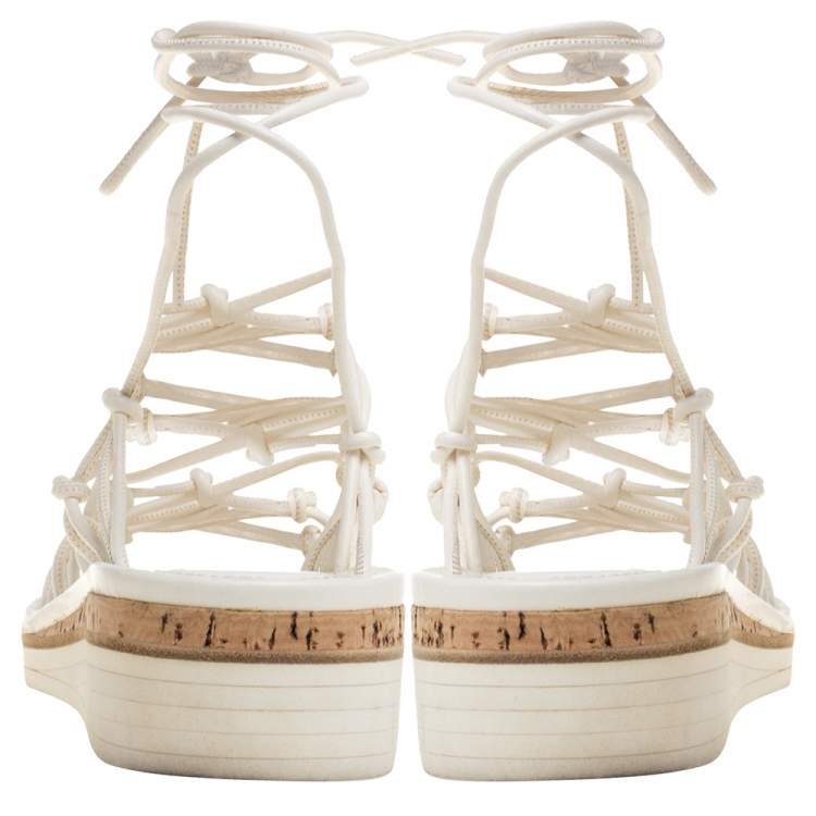 Pre Owned Chloe Cream Leather Knot Detail Strappy 'Jamie' Platform Wedge Sandals Size 36