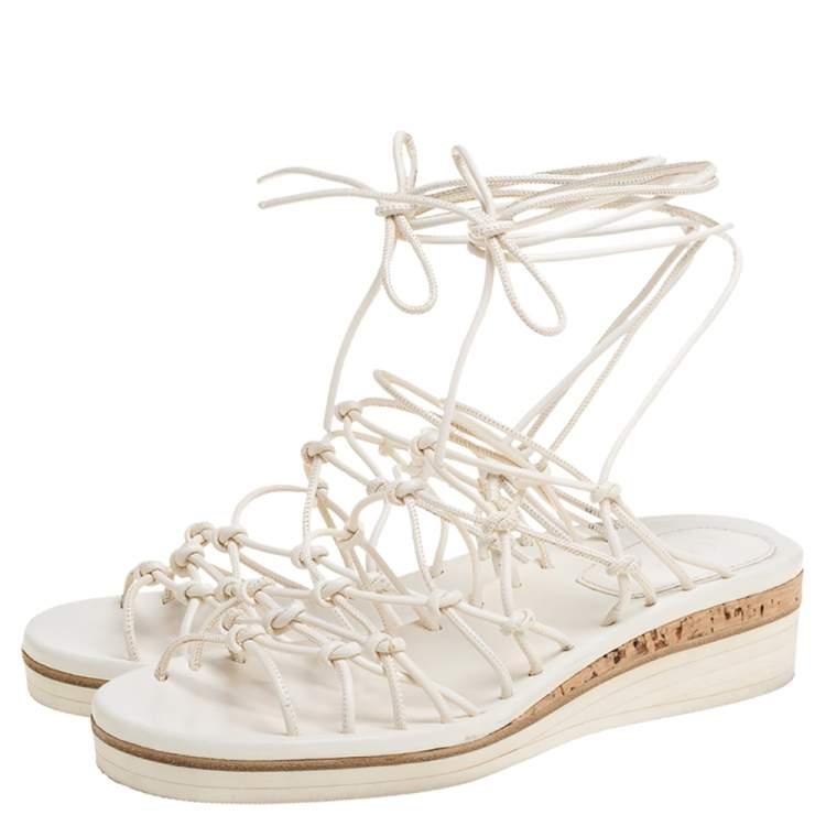 Pre Owned Chloe Cream Leather Knot Detail Strappy 'Jamie' Platform Wedge Sandals Size 36