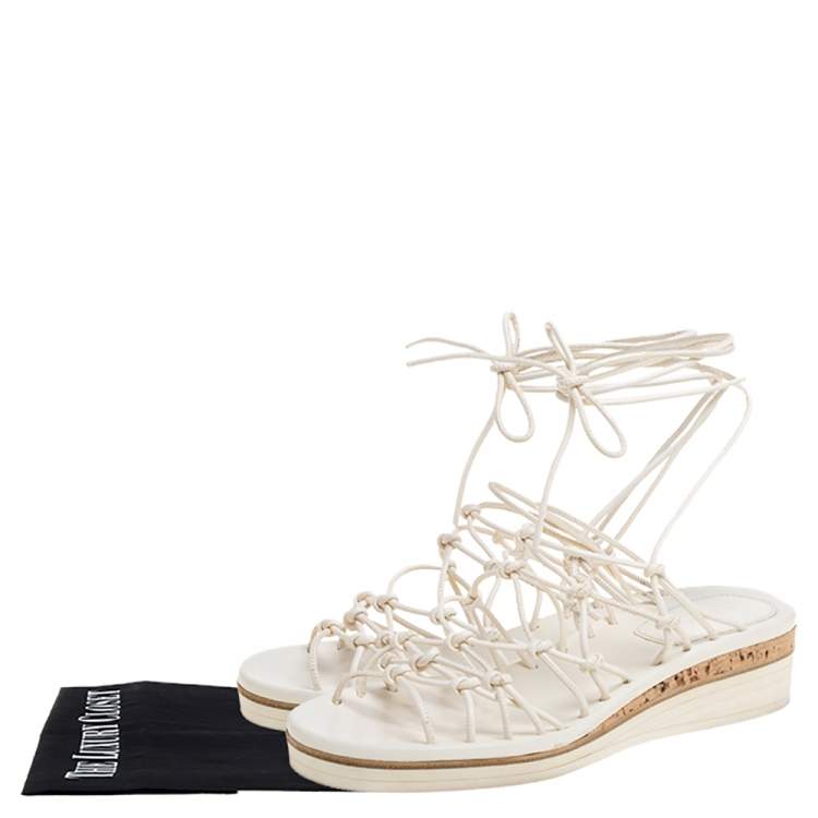 Pre Owned Chloe Cream Leather Knot Detail Strappy 'Jamie' Platform Wedge Sandals Size 36