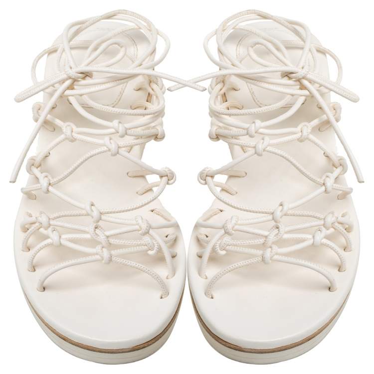 Pre Owned Chloe Cream Leather Knot Detail Strappy 'Jamie' Platform Wedge Sandals Size 36