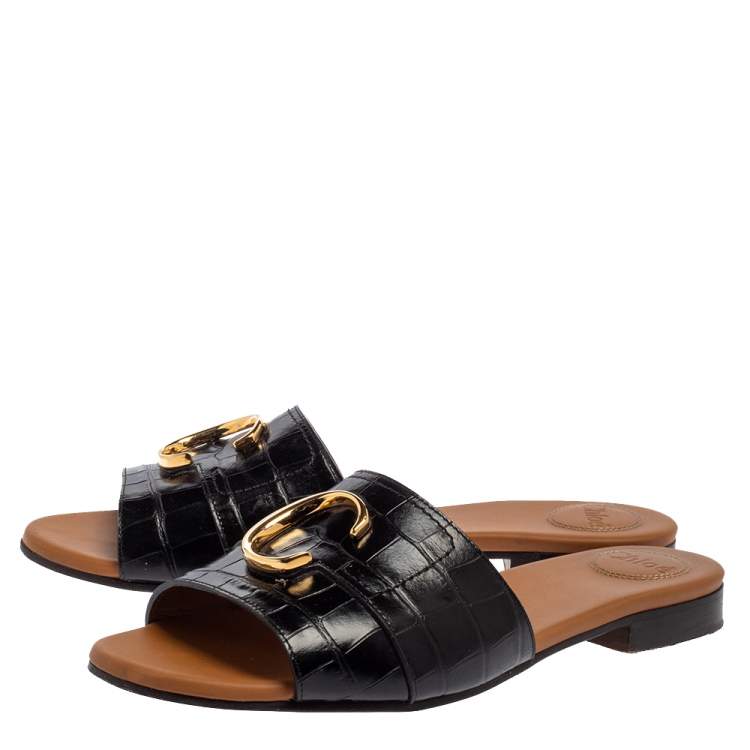 Pre Owned Chloe Black Croc Embossed Leather Slide Sandals 41